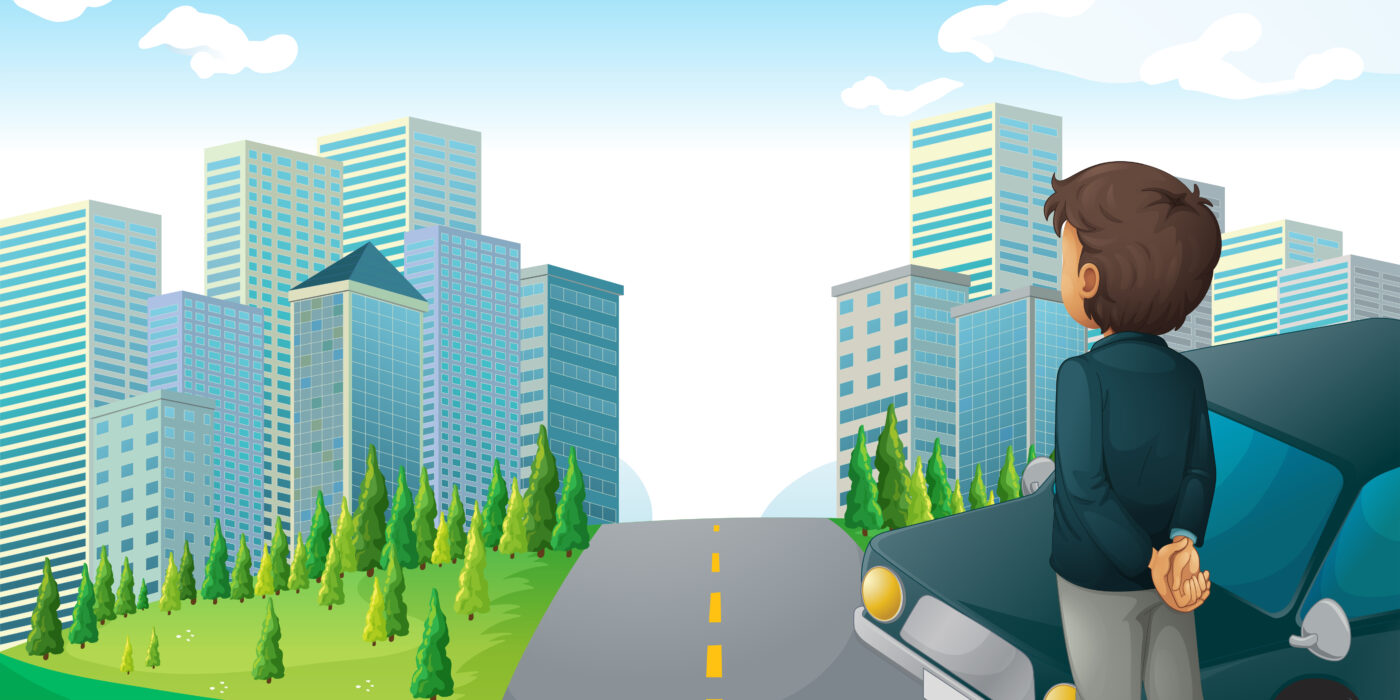 Man looking at a distant city skyline from a quieter green landscape, reflecting the shift toward Luxury Villas on Mandi Gwal Pahari Road.