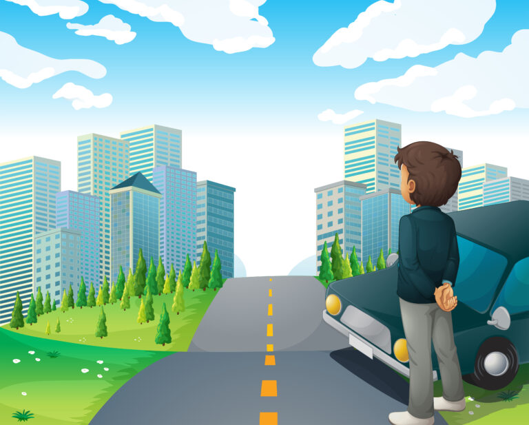 Man looking at a distant city skyline from a quieter green landscape, reflecting the shift toward Luxury Villas on Mandi Gwal Pahari Road.