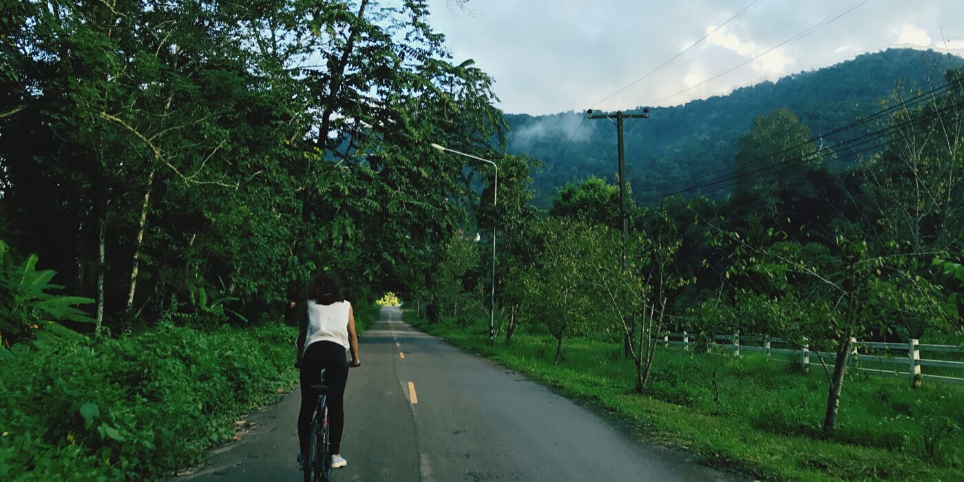 Cyclist riding through a lush green road towards mist-covered hills at Mandi Gwal Pahari, reflecting the calm lifestyle near CS Realty Suvilasa Villas Gurgaon and the appeal of Luxury Villas on Mandi Gwal Pahari Road featured in the blog Where the City Ends and the Greens Begin: Discovering Mandi–Gwal Pahari.