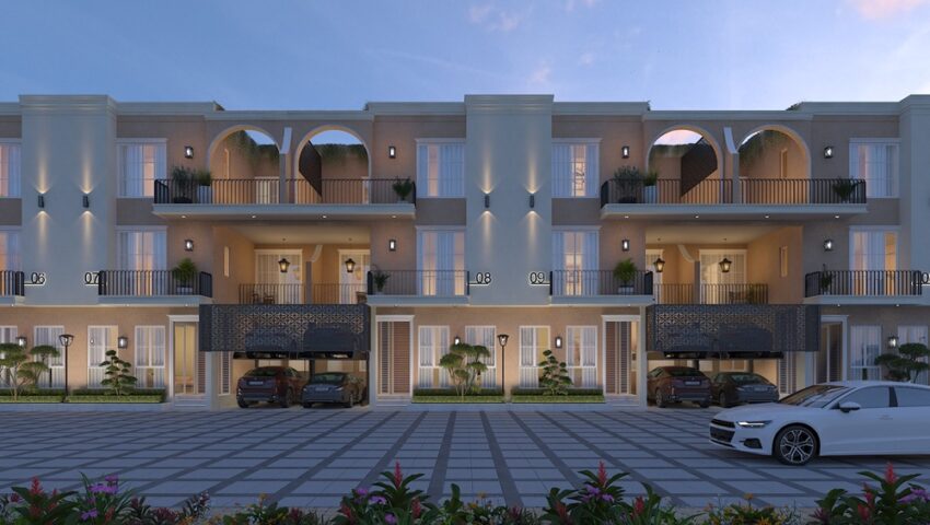 Suvilasa Villas Gurgaon exterior view showcasing luxury villas with private parking and balconies in Mandi Gwal Pahari