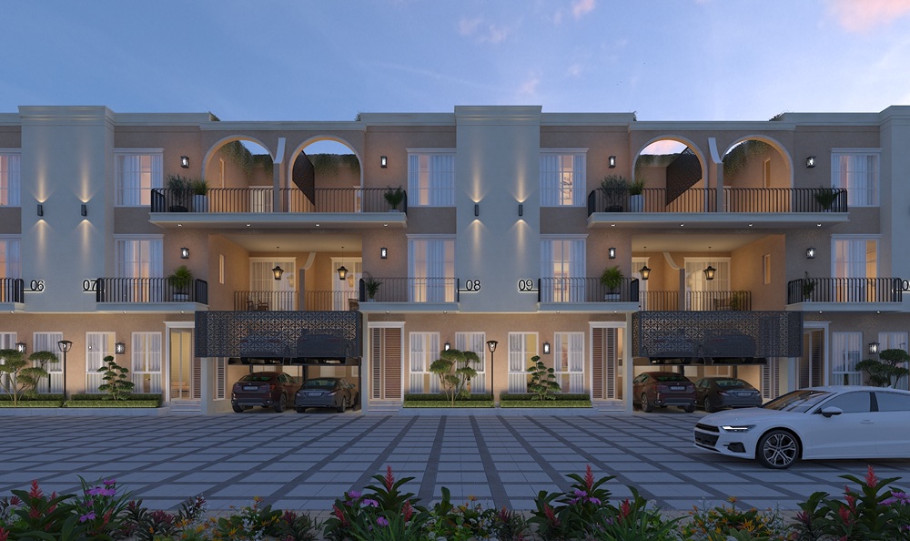Suvilasa Villas Gurgaon exterior view showcasing luxury villas with private parking and balconies in Mandi Gwal Pahari